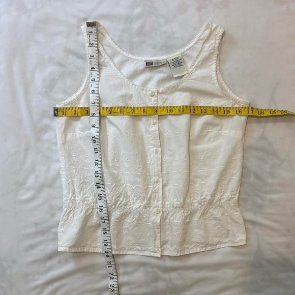 White Eyelet Peasant Button Down Sleeveless Blouse with Waist Elastic Y2K Boho - Picture 6 of 8